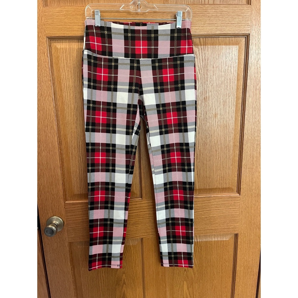 Edgy Contemporary Preppy RedWhitePlaid Slim-Sation ByMultiples Pull On Legging S - Picture 1 of 7